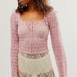 Free People One Madison Top Women XL Smocked 🌹 Rose Lace Sheer Fairy Pink Boho